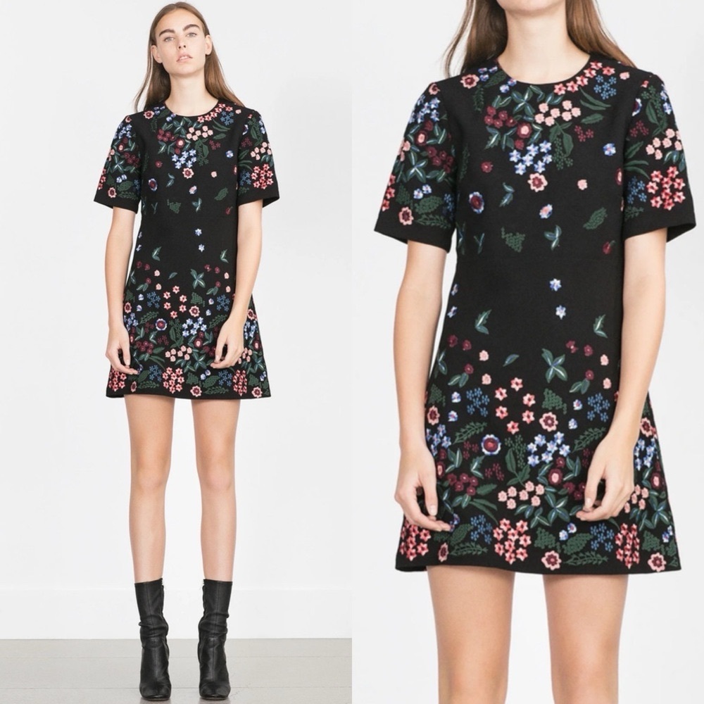 Zara Black Mini Dress with Multicolor Floral Pattern